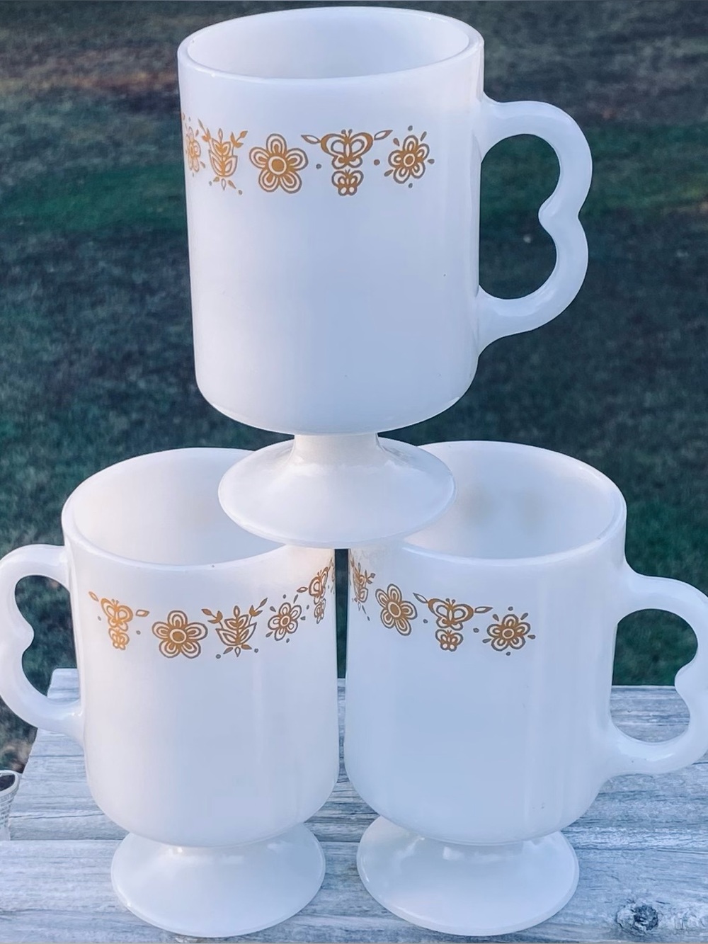 Rare Set Of 3 Vintage Butterfly Gold Corelle Pyrex Pedestal Footed Mugs
